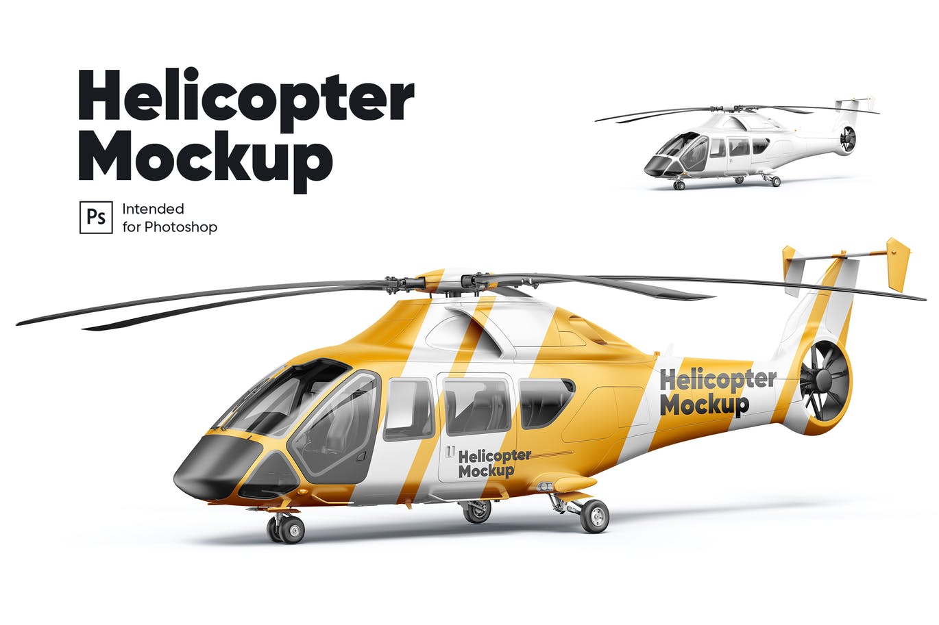 少见稀有的直升机机体广告设计VI样机展示模型mockups