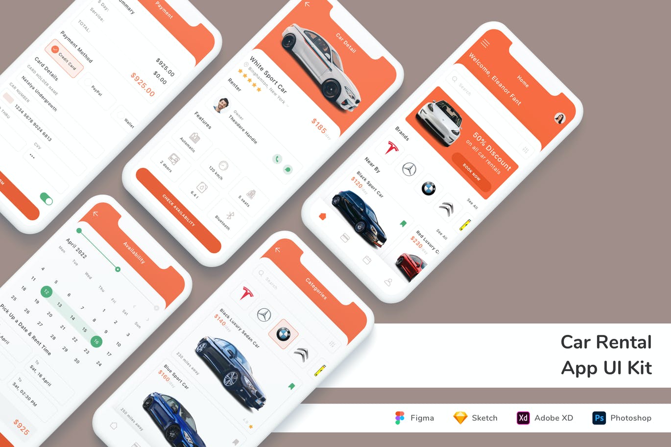 租车应用程 App UI Kit (FIG,PSD,SKETCH,XD)