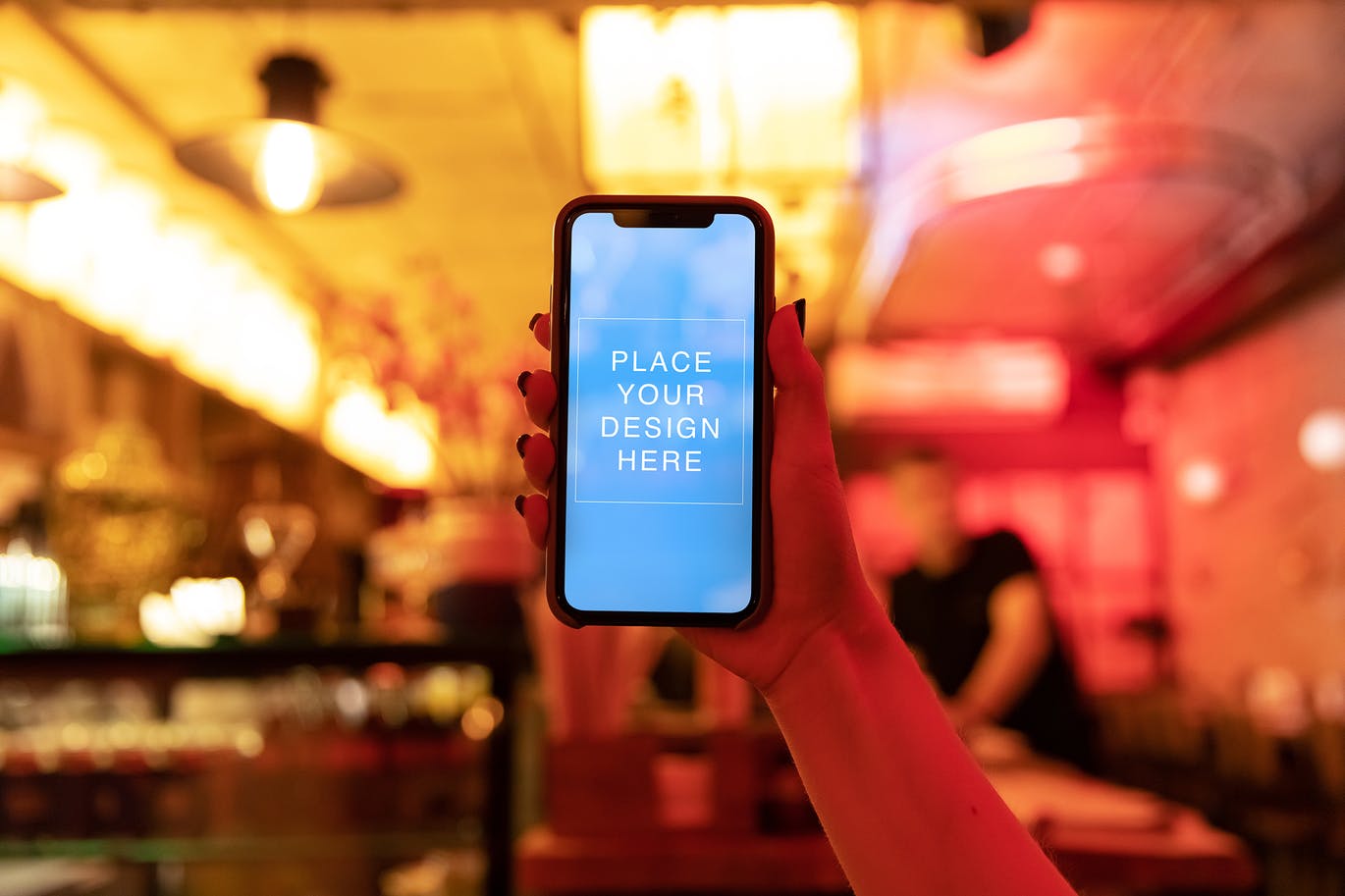 酒吧模糊背景智能iPhone手机屏幕样机 (PSD)