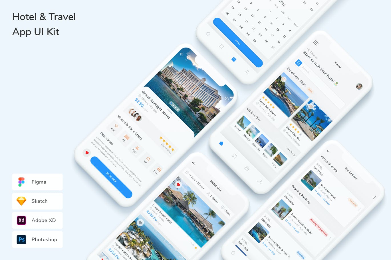 Hotel & Travel App UI Kit (FIG,PSD,SKETCH,XD)