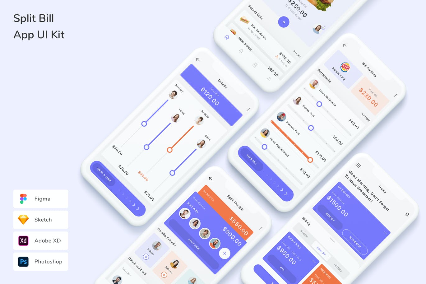 账单拆分 App UI Kit (FIG,PSD,SKETCH,XD)