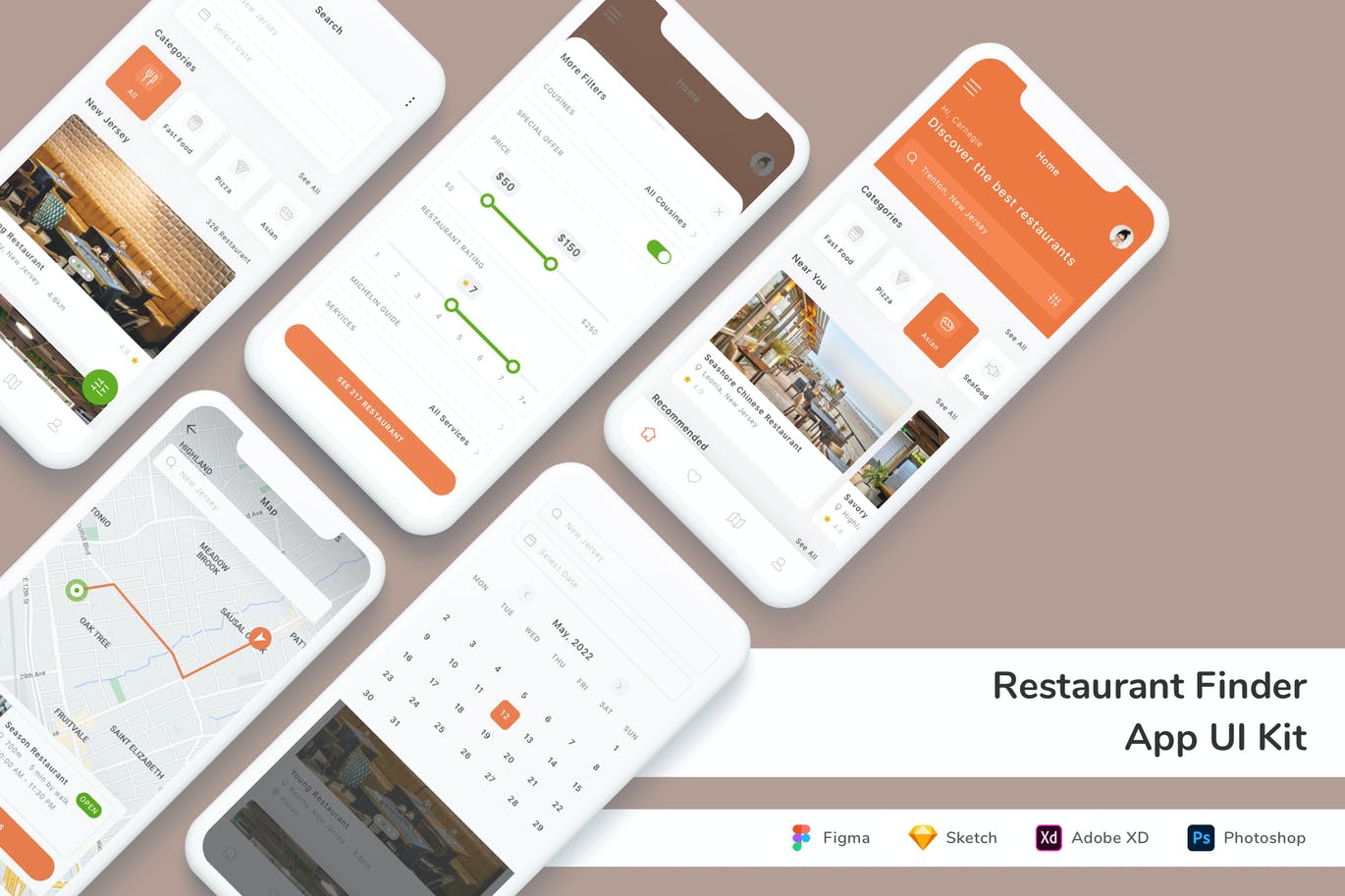 美食推荐与搜索 App UI Kit (FIG,PSD,SKETCH,XD)