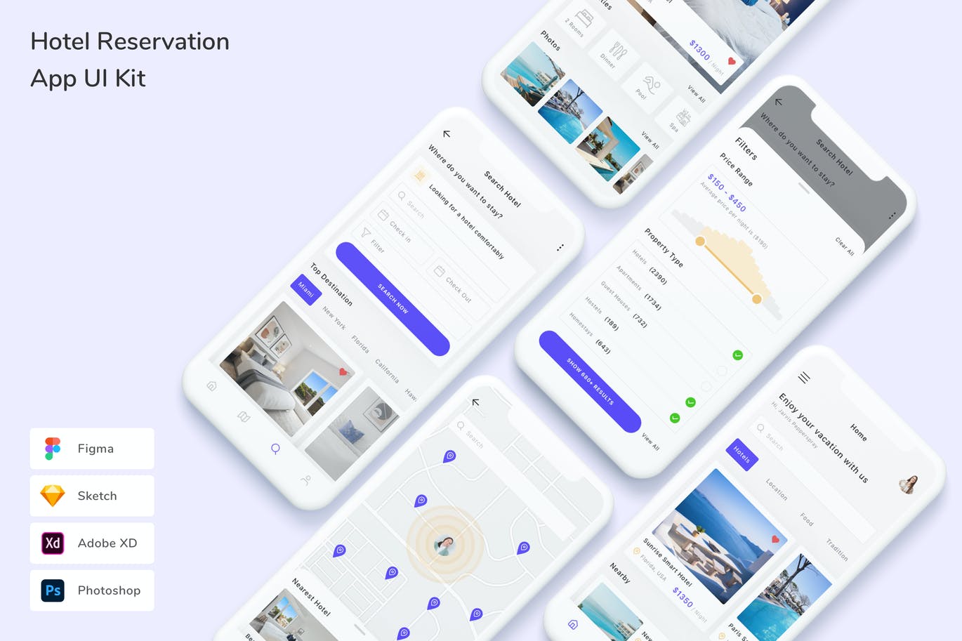 酒店预订App UI Kit (FIG,PSD,SKETCH,XD)