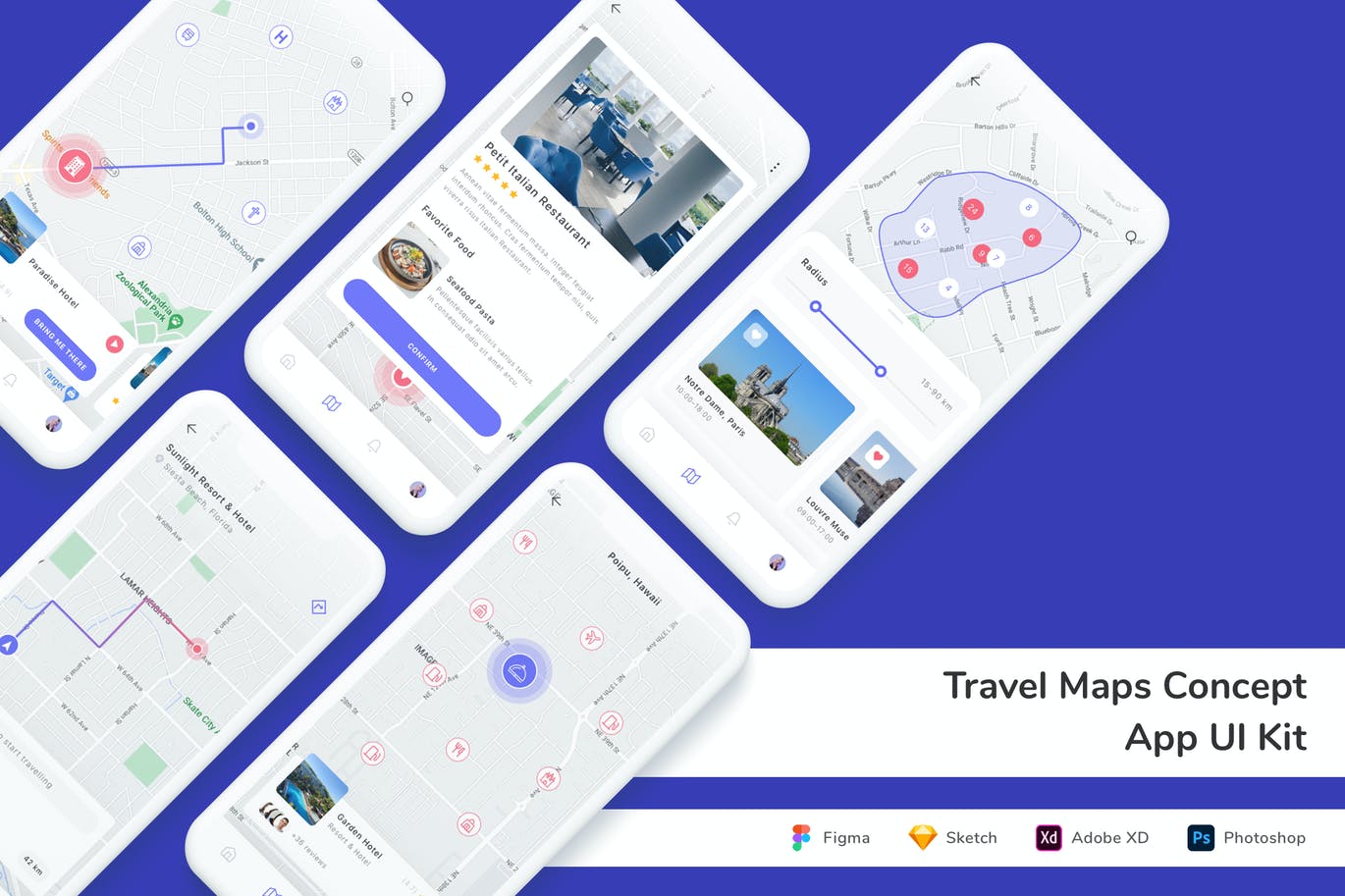 旅游概念地图 App UI Kit (FIG,PSD,SKETCH,XD)