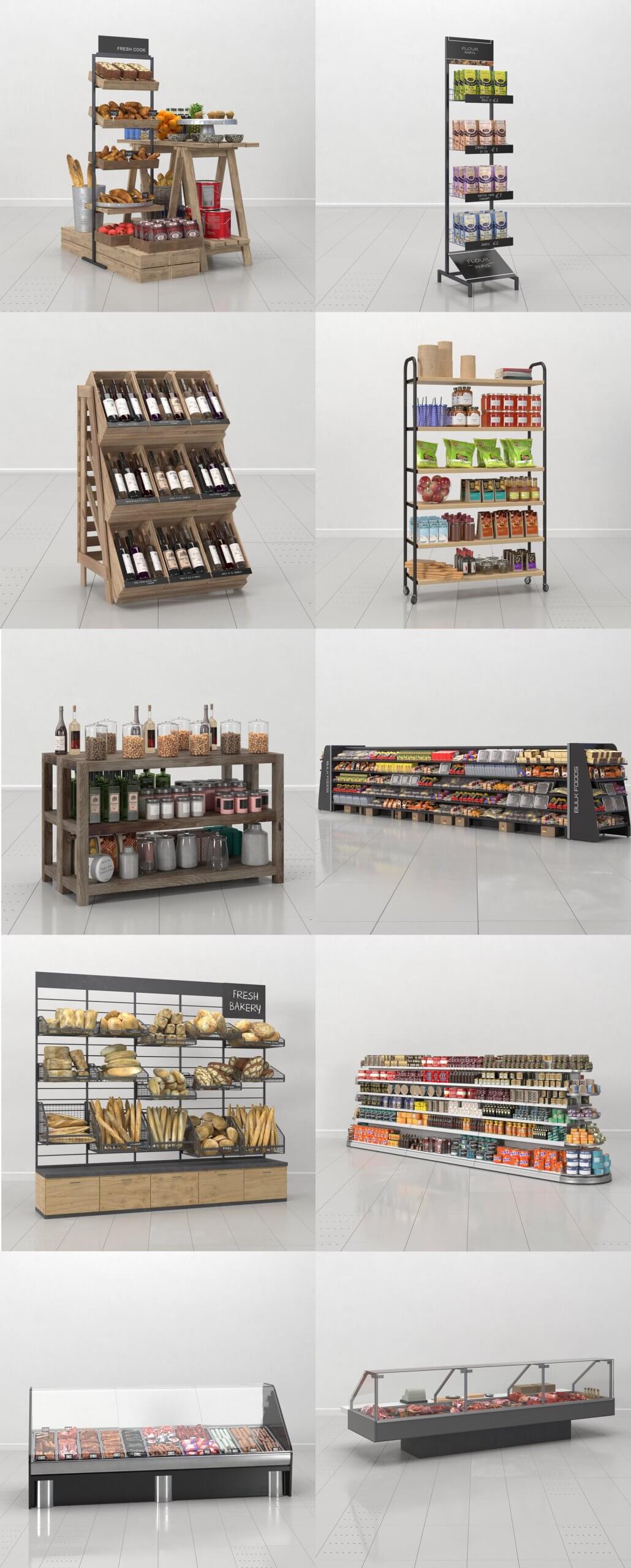 10组面包酒水蔬菜水果等食物饮料货架3D模型合集（C4D）