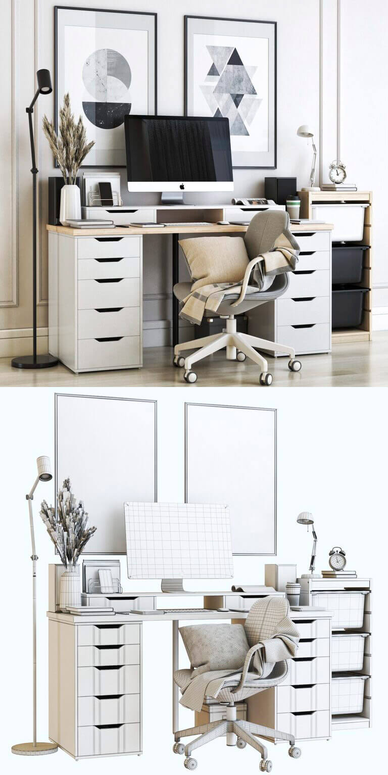 宜家办公桌椅及装饰组合3D模型（OBJ,MAX）