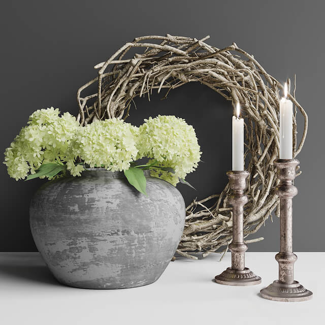 灰色陶罐中的绿色绣球花束和蜡烛装饰组合3D模型（OBJ,FBX,MAX）