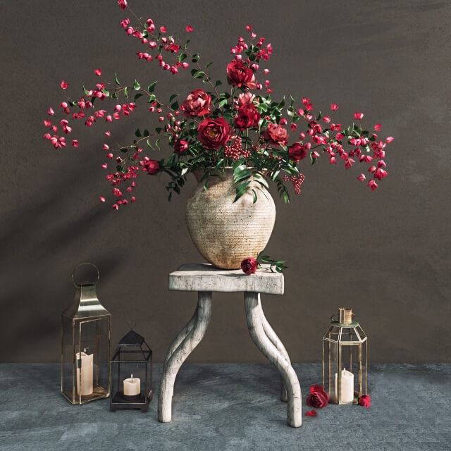 陶罐中的红色玫瑰花束和烛台等乡村风装饰组合3D模型（OBJ,FBX,MAX）