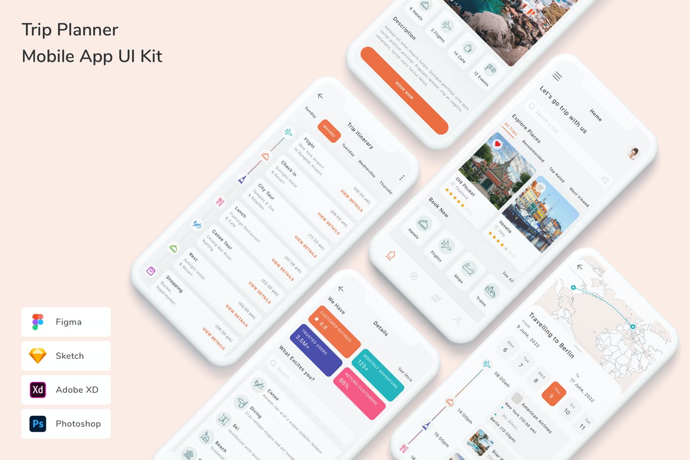 旅行计划App UI Kit (FIG,PSD,SKETCH,XD)