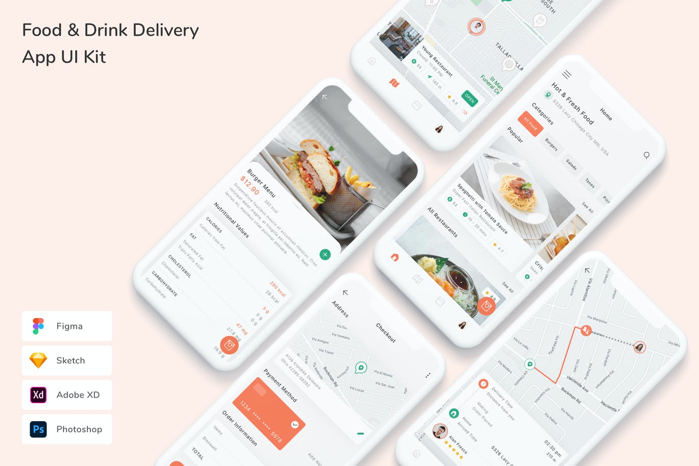 餐饮配送 App UI Kit (FIG,PSD,SKETCH,XD)