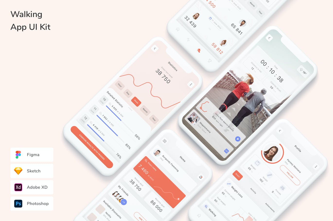 步行跟踪 App UI Kit (FIG,PSD,SKETCH,XD)