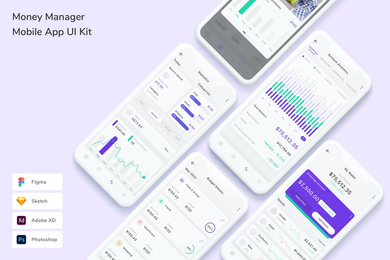 资金管理 App UI Kit (FIG,PSD,SKETCH,XD)