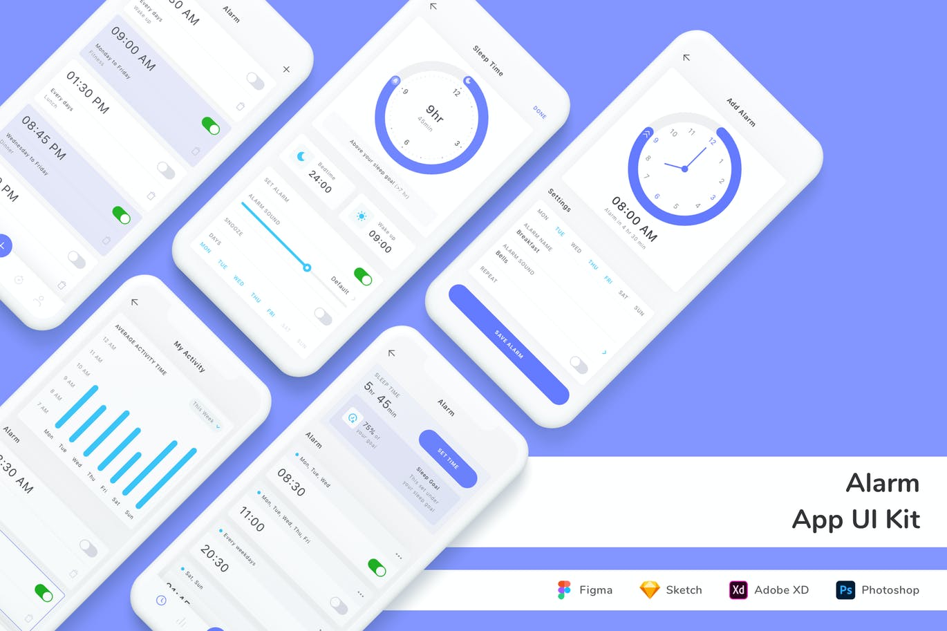 闹钟App UI Kit (FIG,PSD,SKETCH,XD)