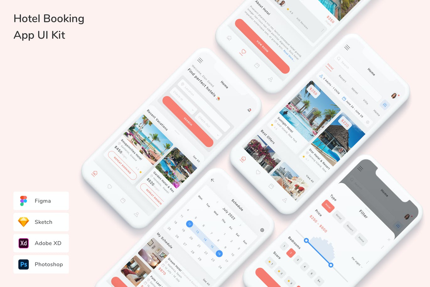 酒店预定 App UI Kit (FIG,PSD,SKETCH,XD)