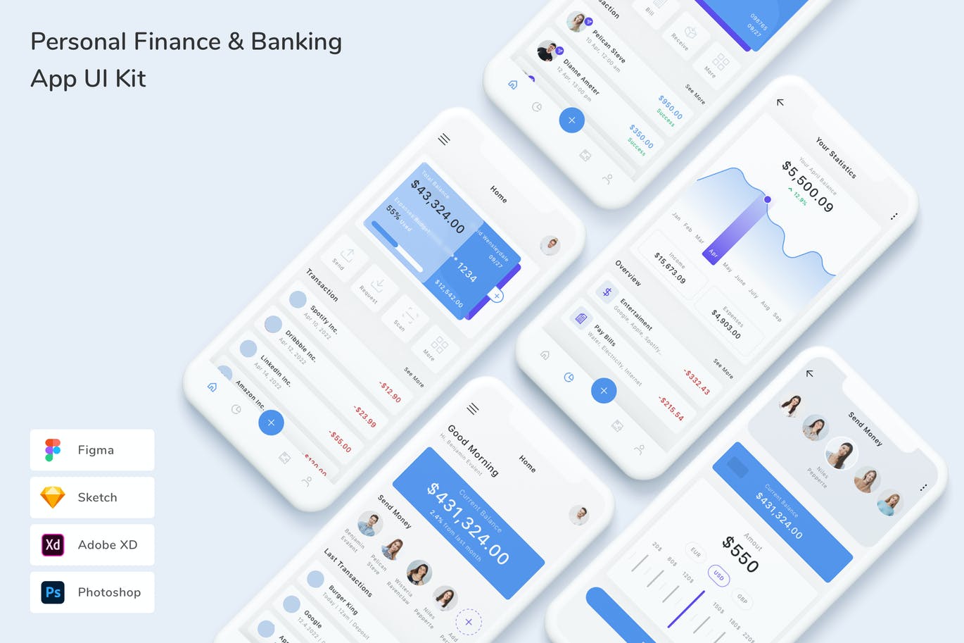 个人金融和银行 App UI Kit (FIG,PSD,SKETCH,XD)