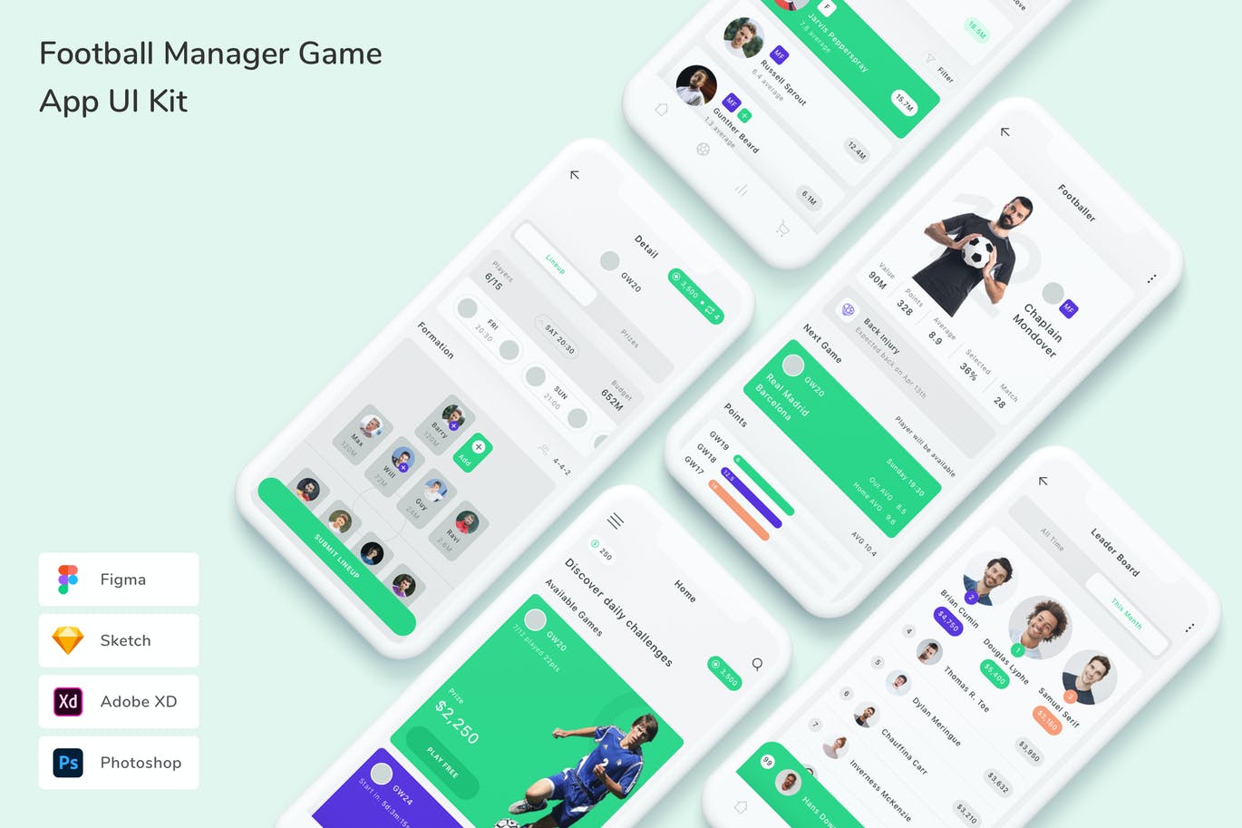 足球经理游戏 App UI Kit (FIG,PSD,SKETCH,XD)