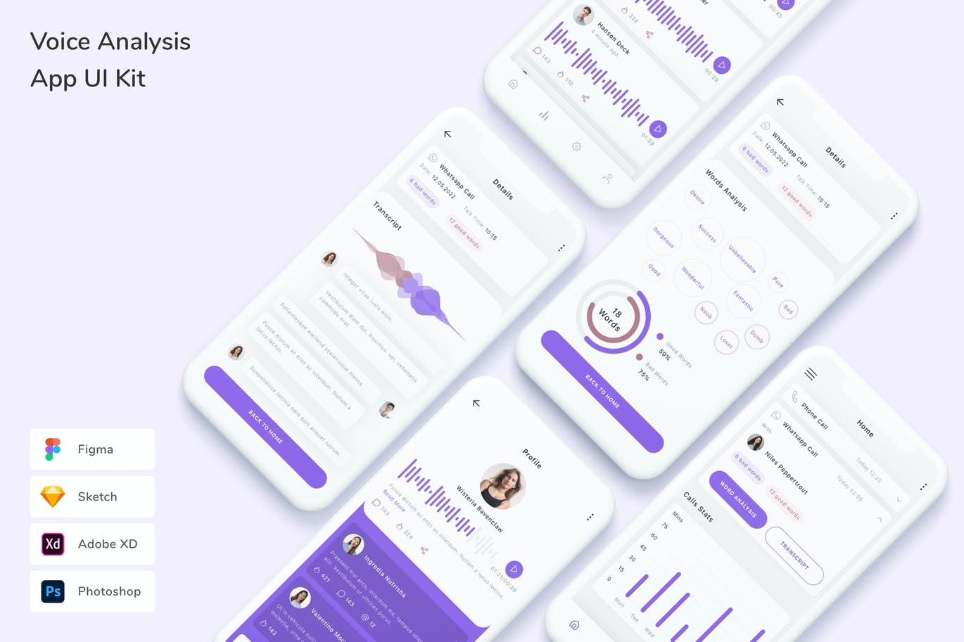 语音分析 App UI Kit (FIG,PSD,SKETCH,XD)