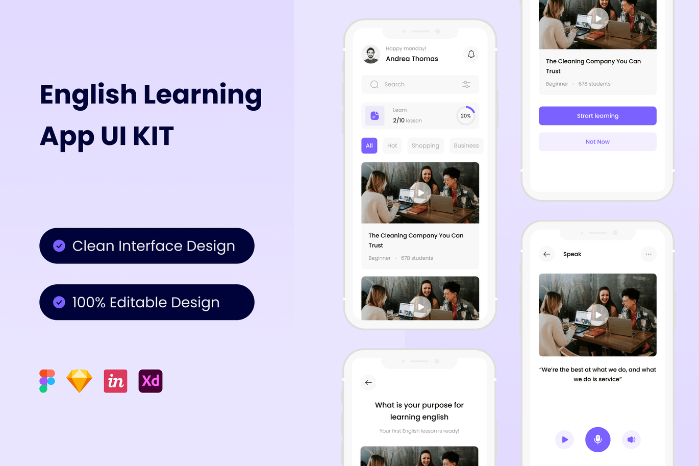 英语在线学习 App UI Kit (FIG,SKETCH,XD)