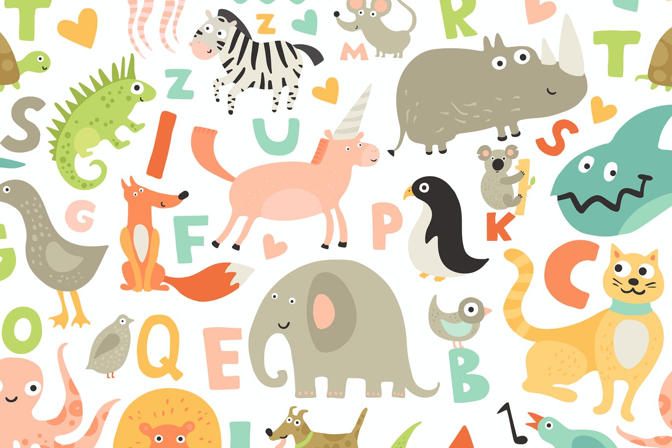 有趣可爱的手绘卡通动物角色和字母表无缝背景图案 (AI,EPS,JPG,PNG)