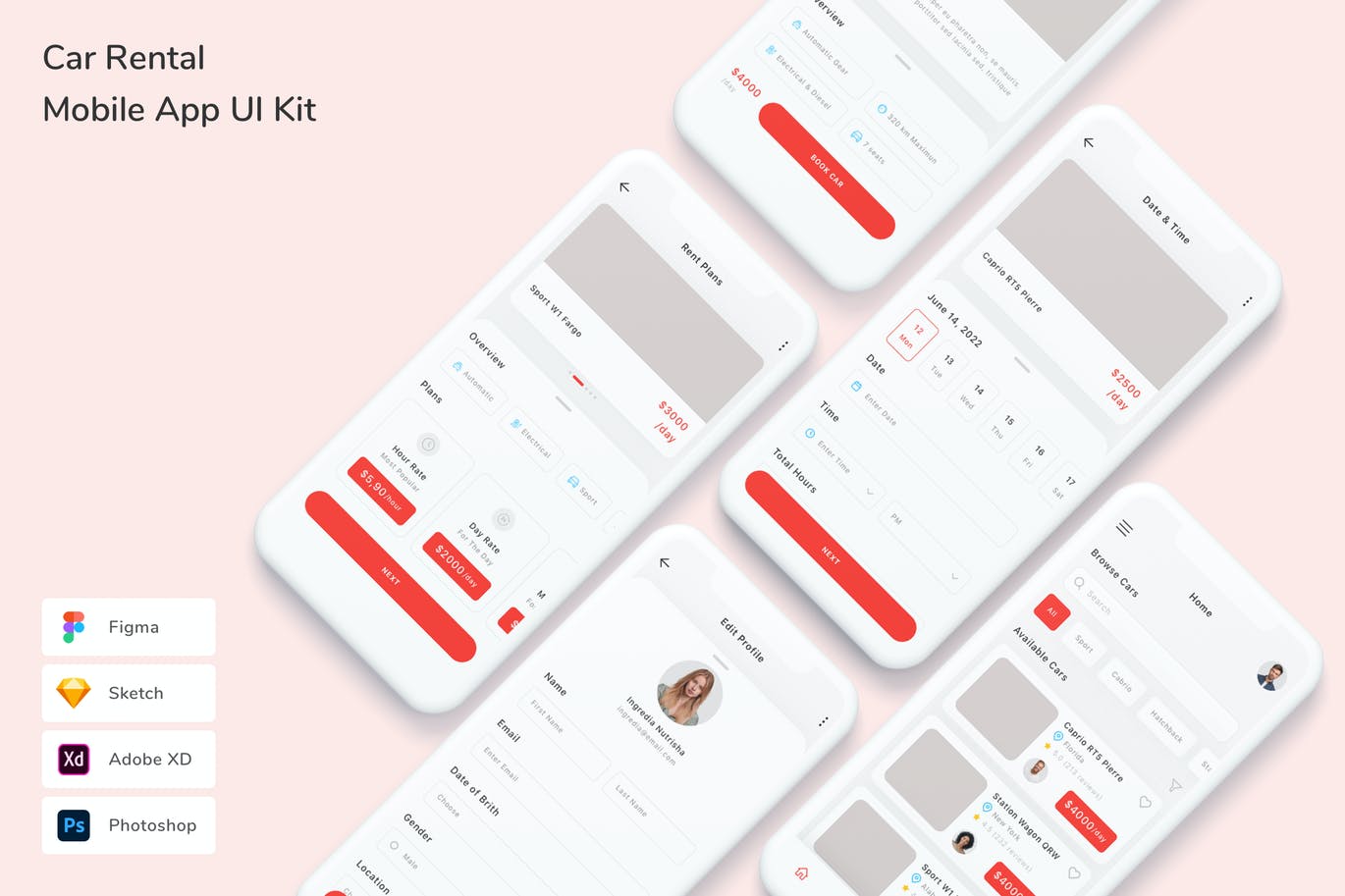 汽车租赁 App UI Kit (FIG,PSD,SKETCH,XD)