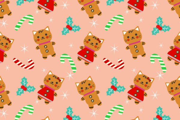 圣诞矢量无缝图案可爱的猫饼干背景 (AI,EPS,JPG)