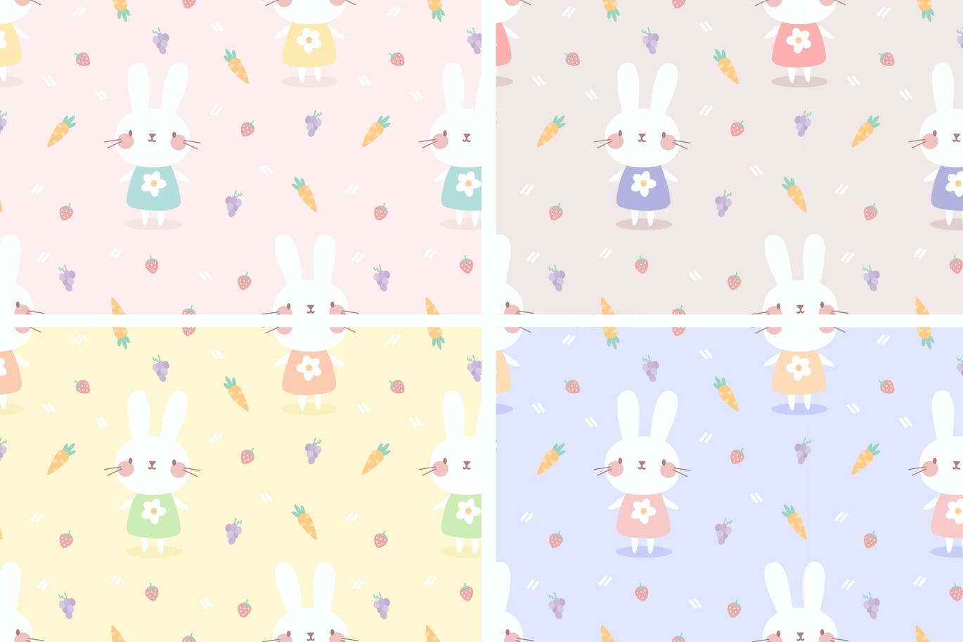 可爱兔子和水果的四色无缝图案 (AI,EPS,JPG)