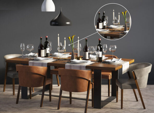 餐桌上的餐具红酒花束烛台等组合3D模型（OBJ,MAX）