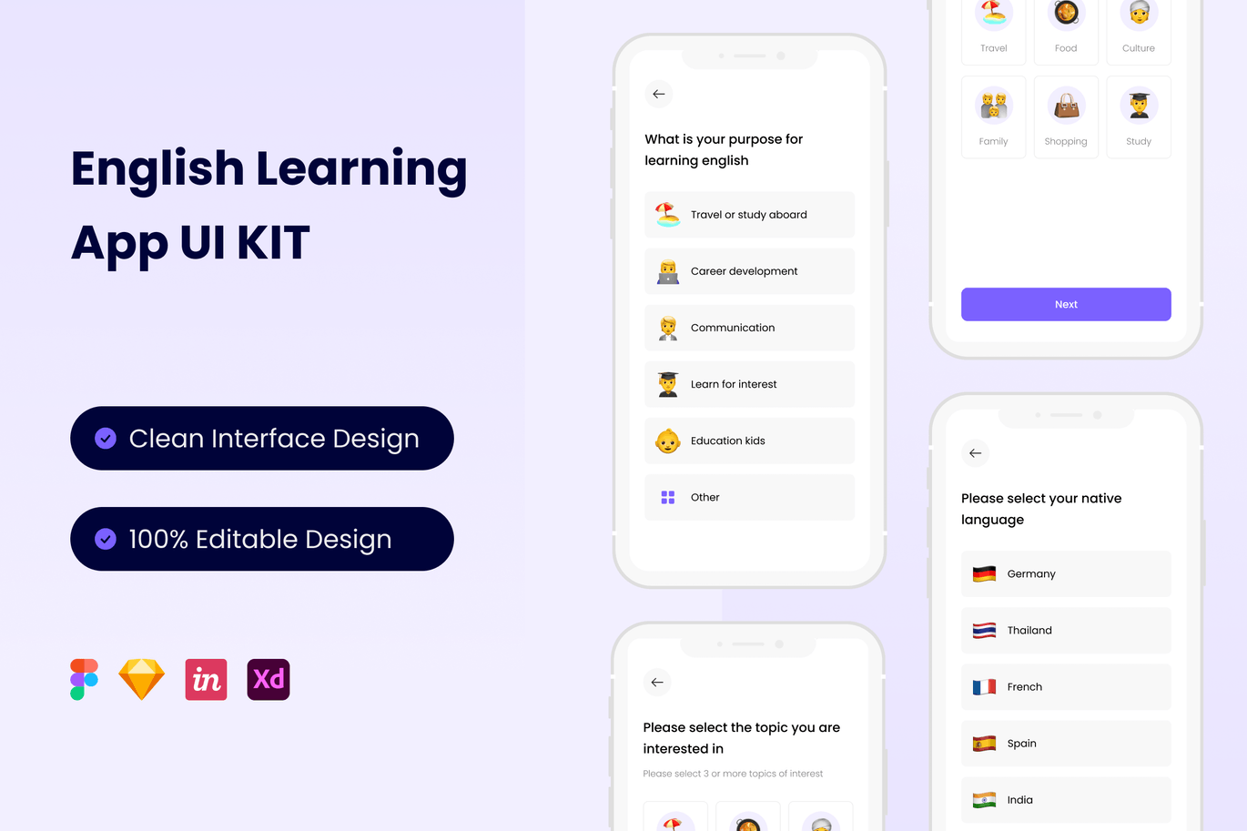 英语学习 App UI Kit (FIG,SKETCH,XD)