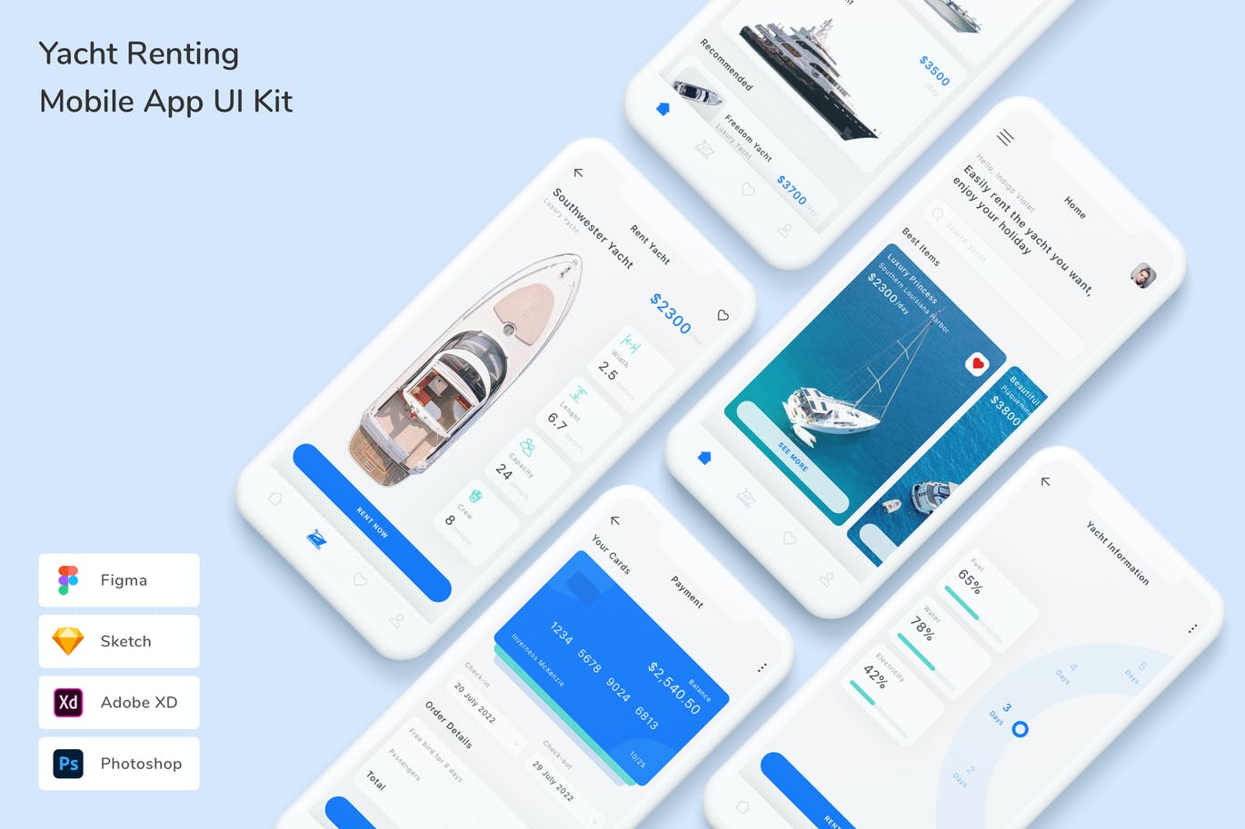 游艇租赁 App UI Kit (FIG,PSD,SKETCH,XD)