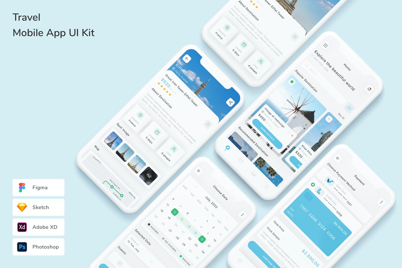 旅行手机App UI Kit (FIG,PSD,SKETCH,XD)