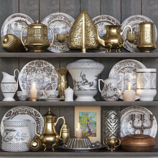 精致的盘碗和金色餐具厨具组合3D模型（OBJ,MAX）