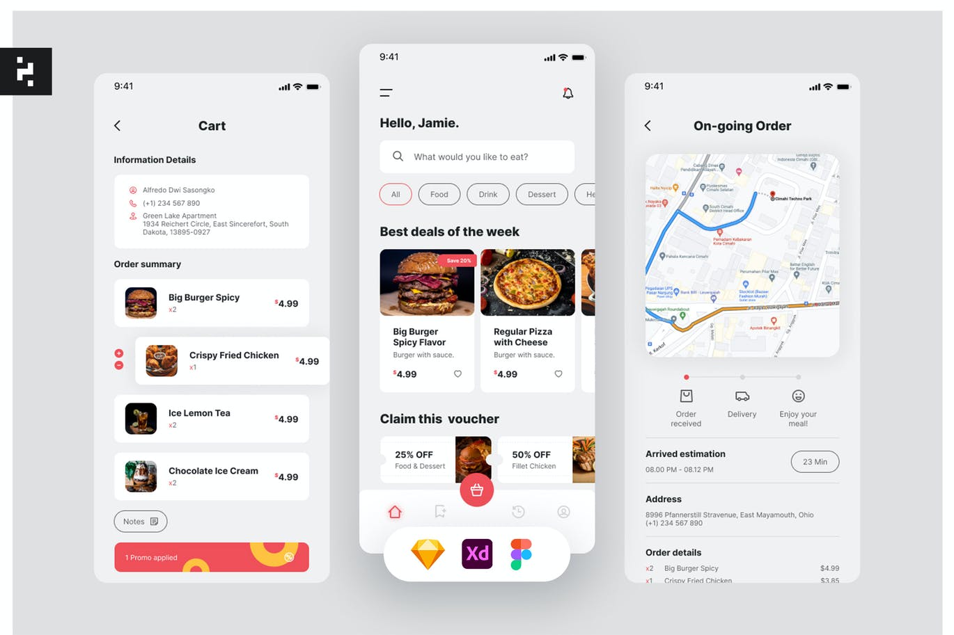 美食外卖配送 App UI Kit (FIG,SKETCH,XD)