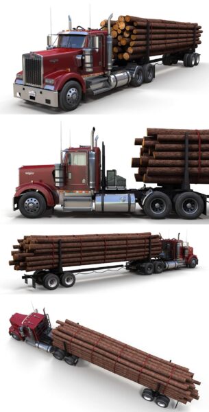Kenworth肯沃斯原木运输卡车low poly 3D模型（OBJ,FBX,MAX,Blend）