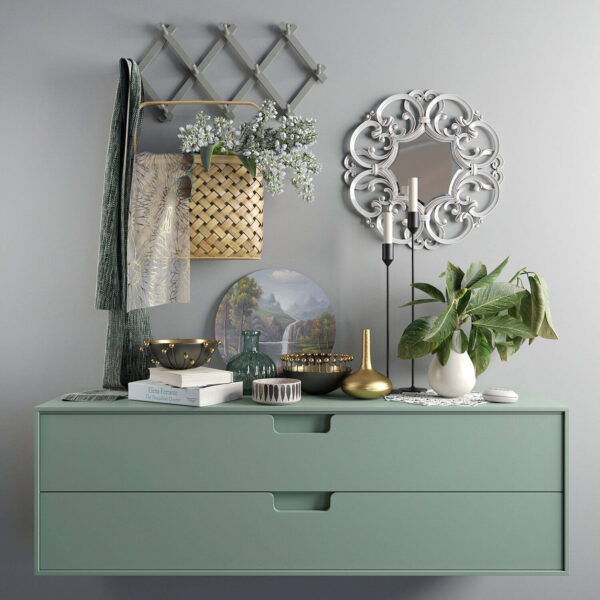 条形双层抽屉柜及镜子花瓶绿植等北欧装饰组合3D模型（OBJ,MAX）