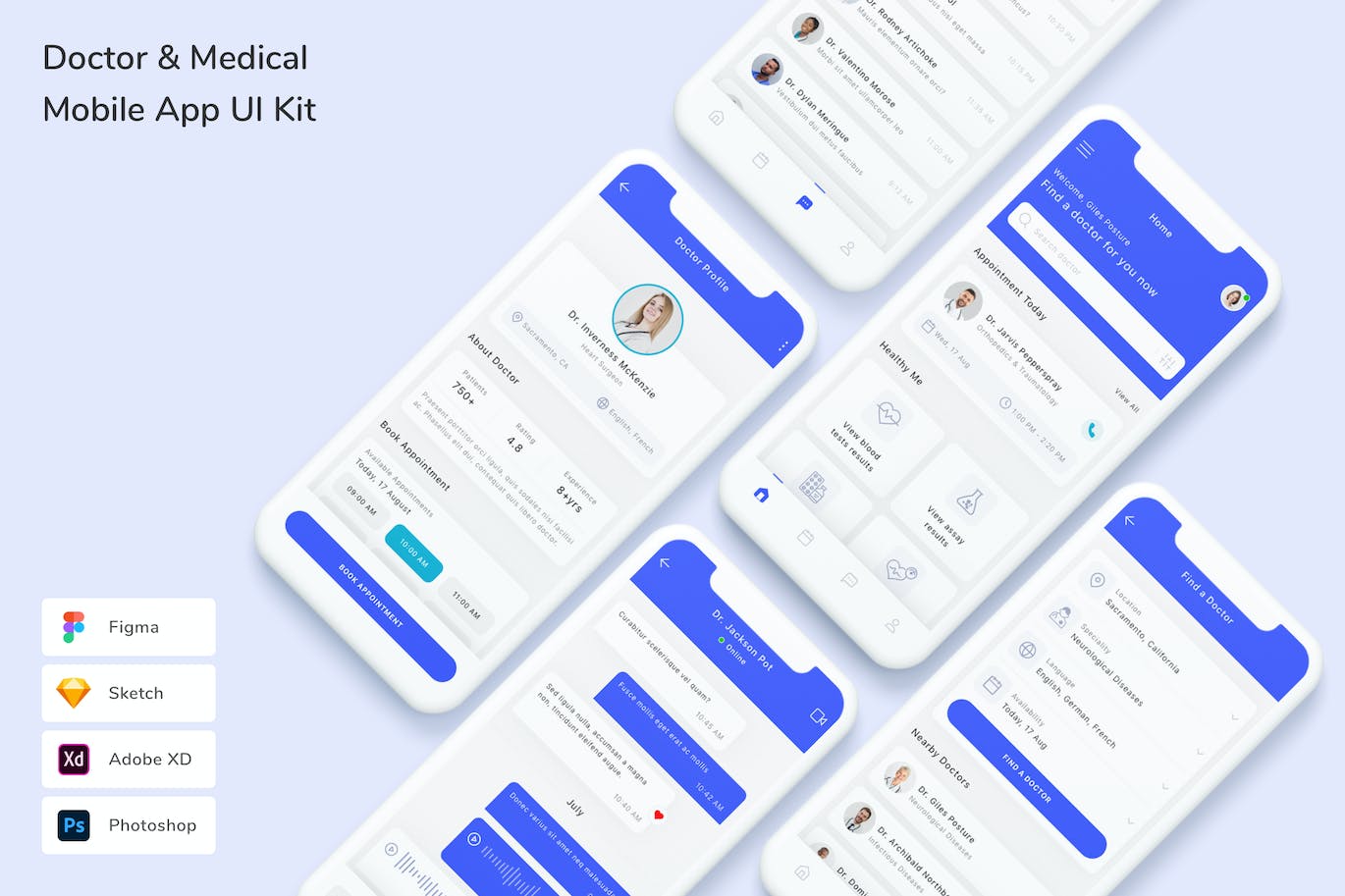 医生和医疗移动应用程 App UI Kit (FIG,PSD,SKETCH,XD)