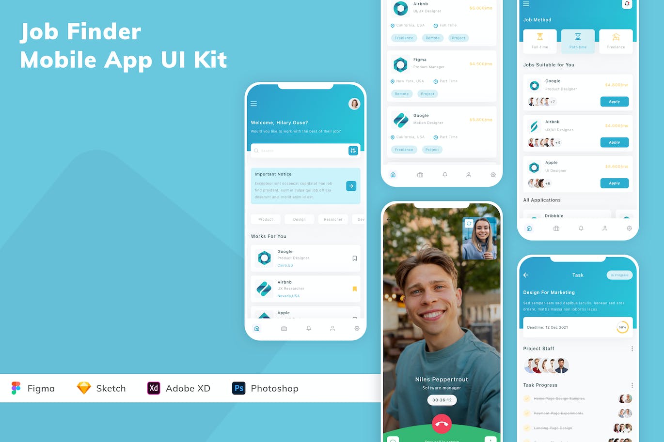 找工作 App UI Kit (FIG,SKETCH,XD,PSD)