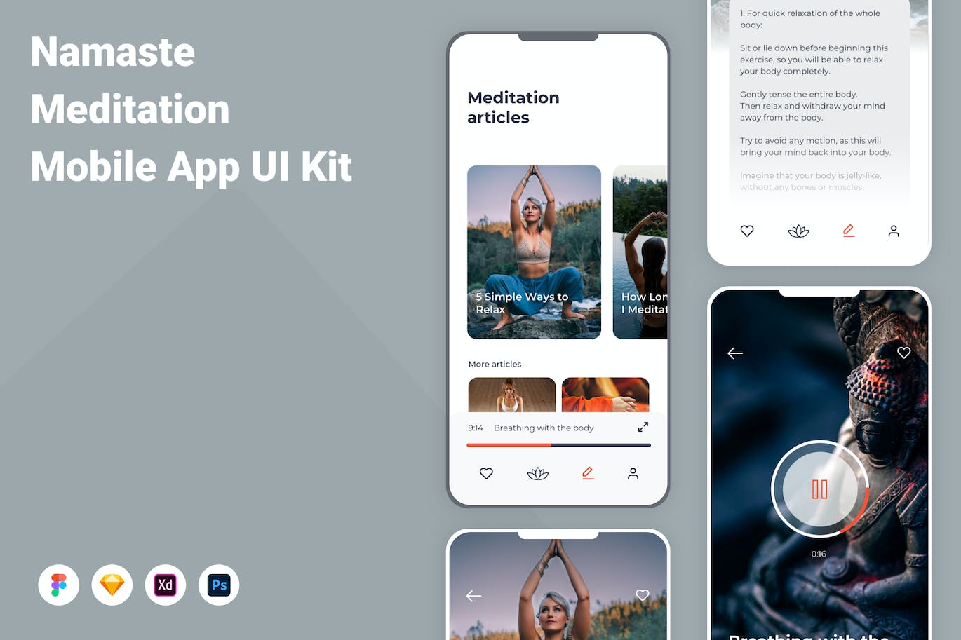 冥想管理 App UI Kit (FIG,SKETCH,XD,PSD)
