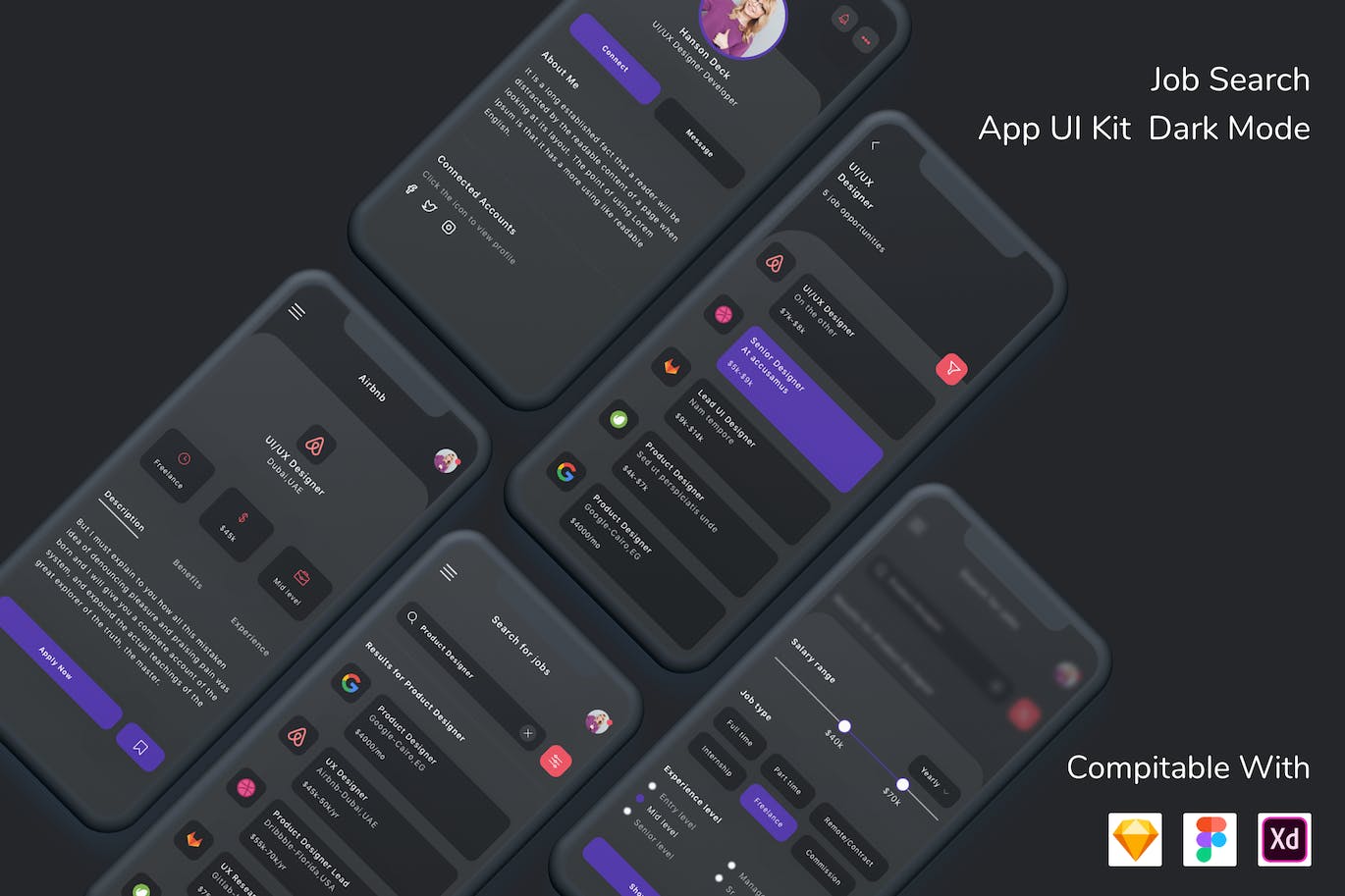 暗黑模式求职平台 App UI Kit