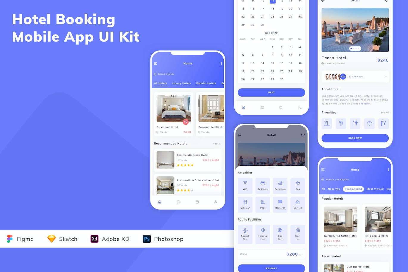 酒店预订 App UI Kit (FIG,SKETCH,XD,PSD)