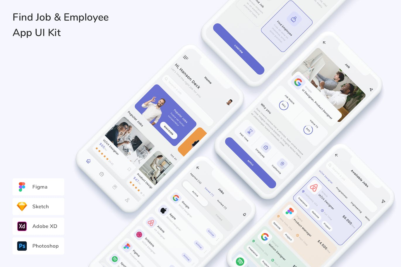 找工作和员工 App UI Kit (FIG,PSD,SKETCH,XD)