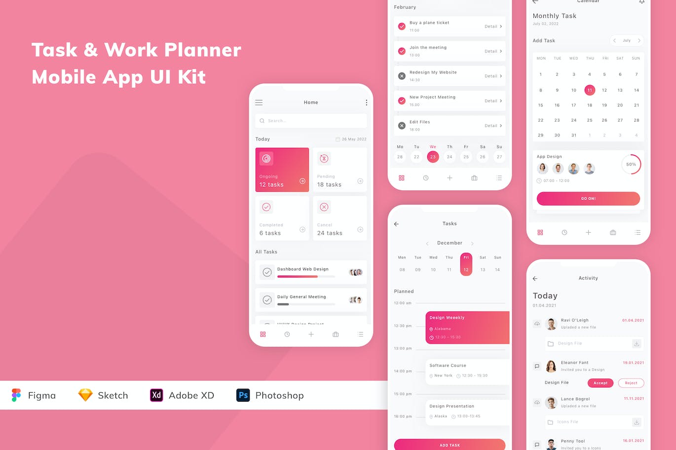 任务 & 工作计划 App UI Kit (FIG,SKETCH,XD,PSD)
