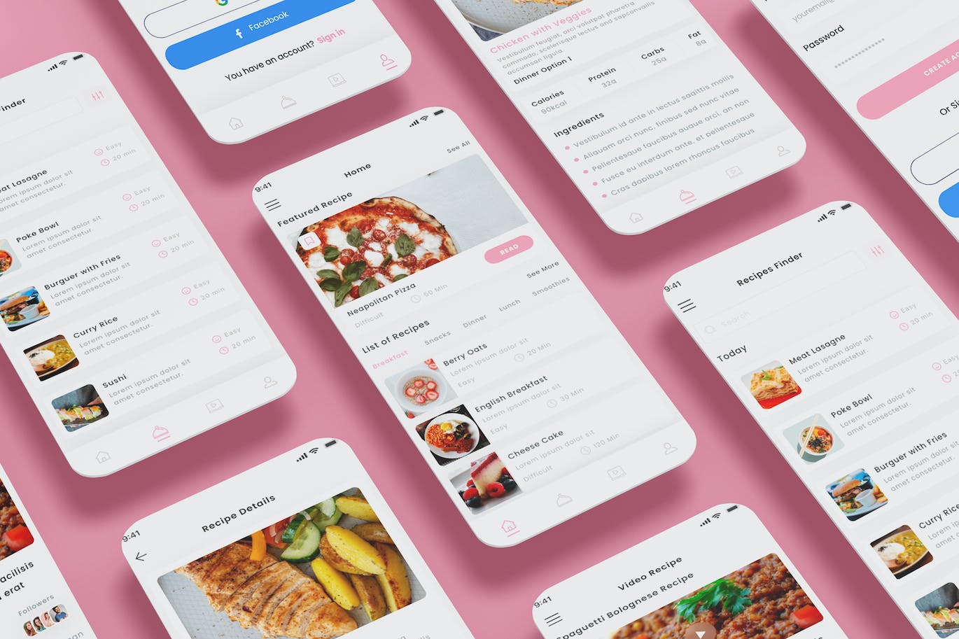 食物配方、烹饪和食物计划粉红色应用程序和App Ui Kit (AI,EPS,FIG,PSD,SKETCH,SVG,XD)