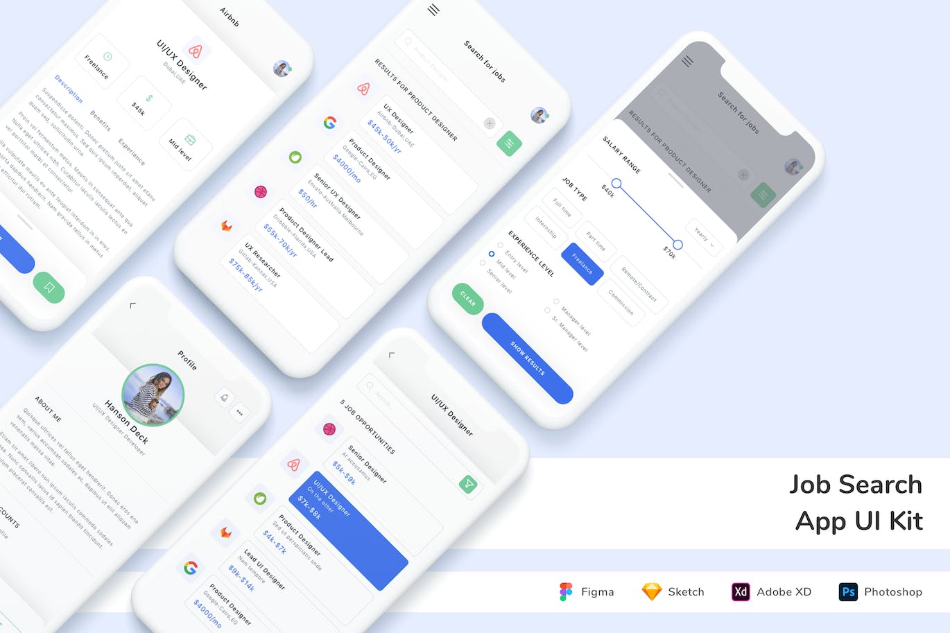 求职 App UI Kit (FIG,SKETCH,XD,PSD)