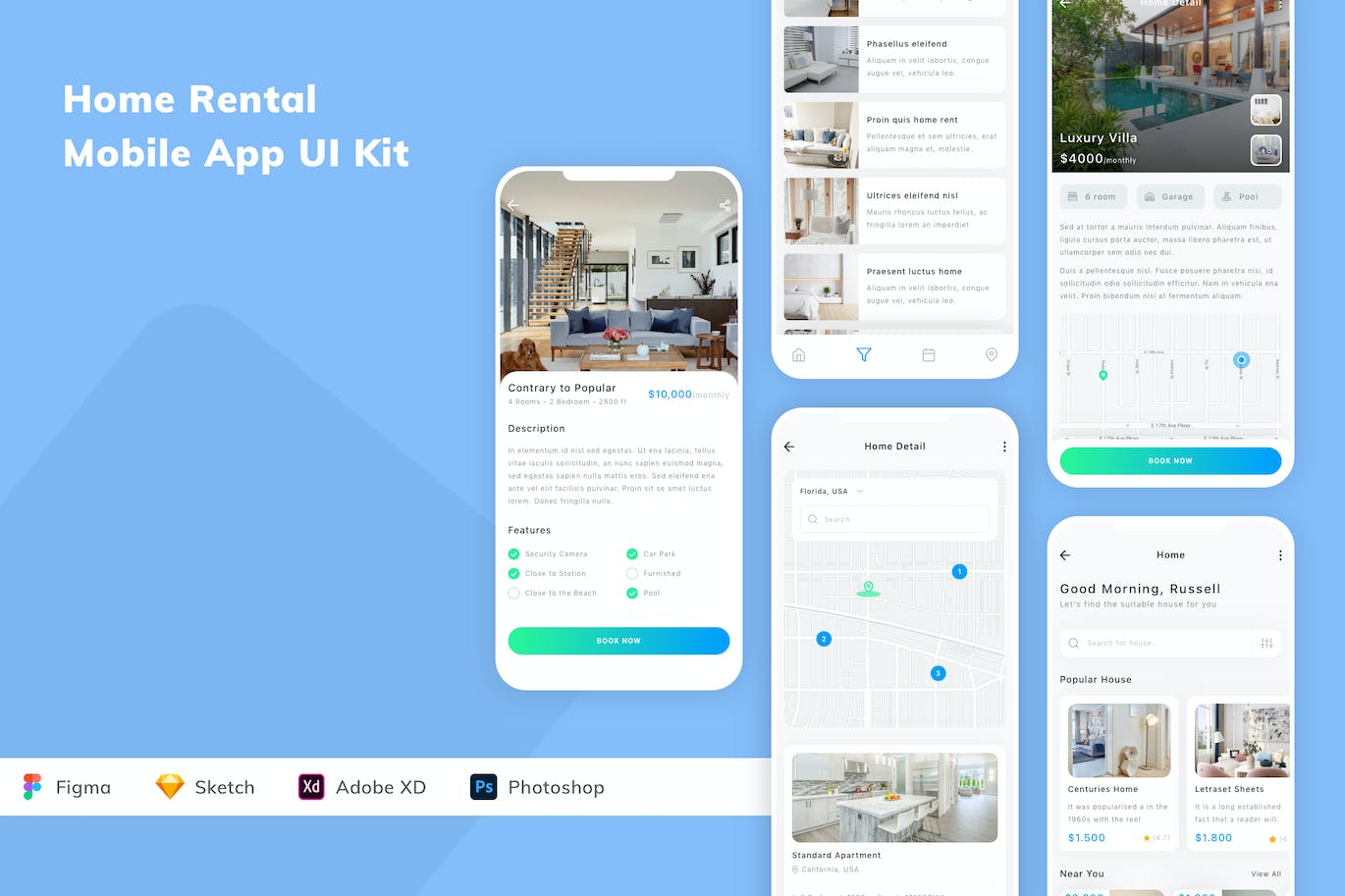 Home Rental Mobile App UI Kit (FIG,PSD,SKETCH,XD)