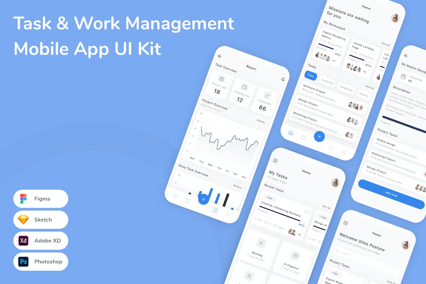任务和工作管理 App UI Kit (FIG,PSD,SKETCH,XD)