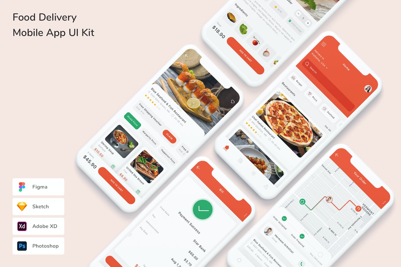食物配送外卖 App UI Kit (FIG,PSD,SKETCH,XD)