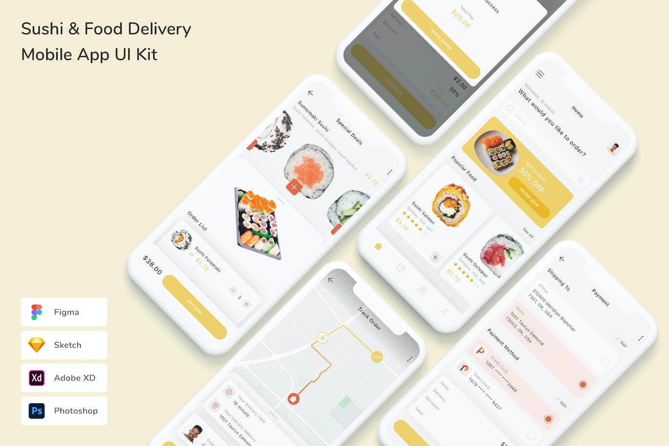 寿司和食品外卖配送App UI Kit (FIG,PSD,SKETCH,XD)