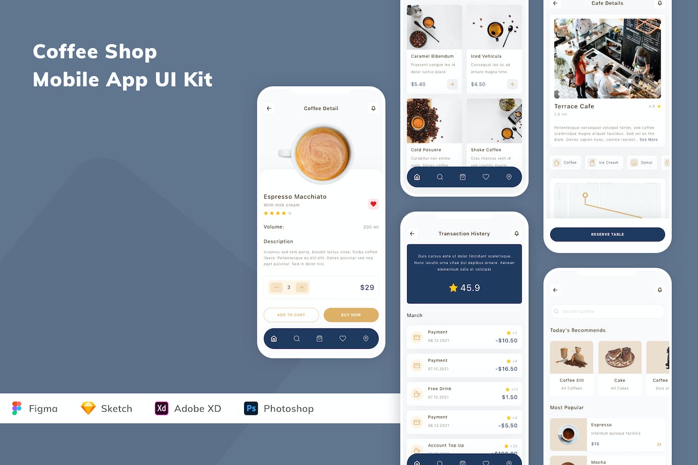 咖啡厅App UI Kit (FIG,SKETCH,XD,PSD)