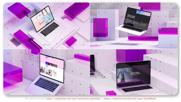 紫色透明玻璃3D场景网站演示笔记本电脑样机视频AE模板 (aep,2.15GB)
