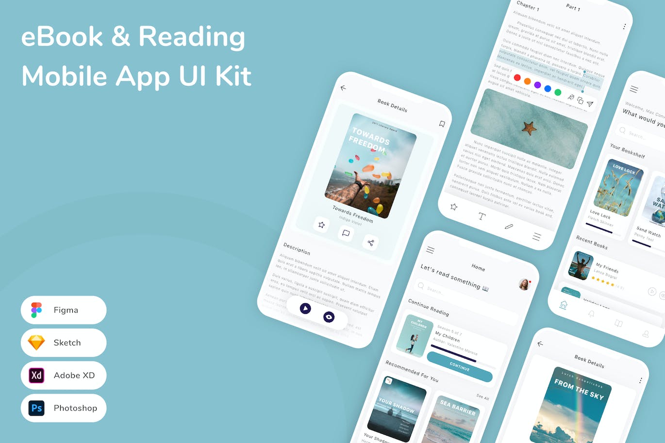 电子书和阅读移动App Ui Kit (FIG,PSD,SKETCH,XD)